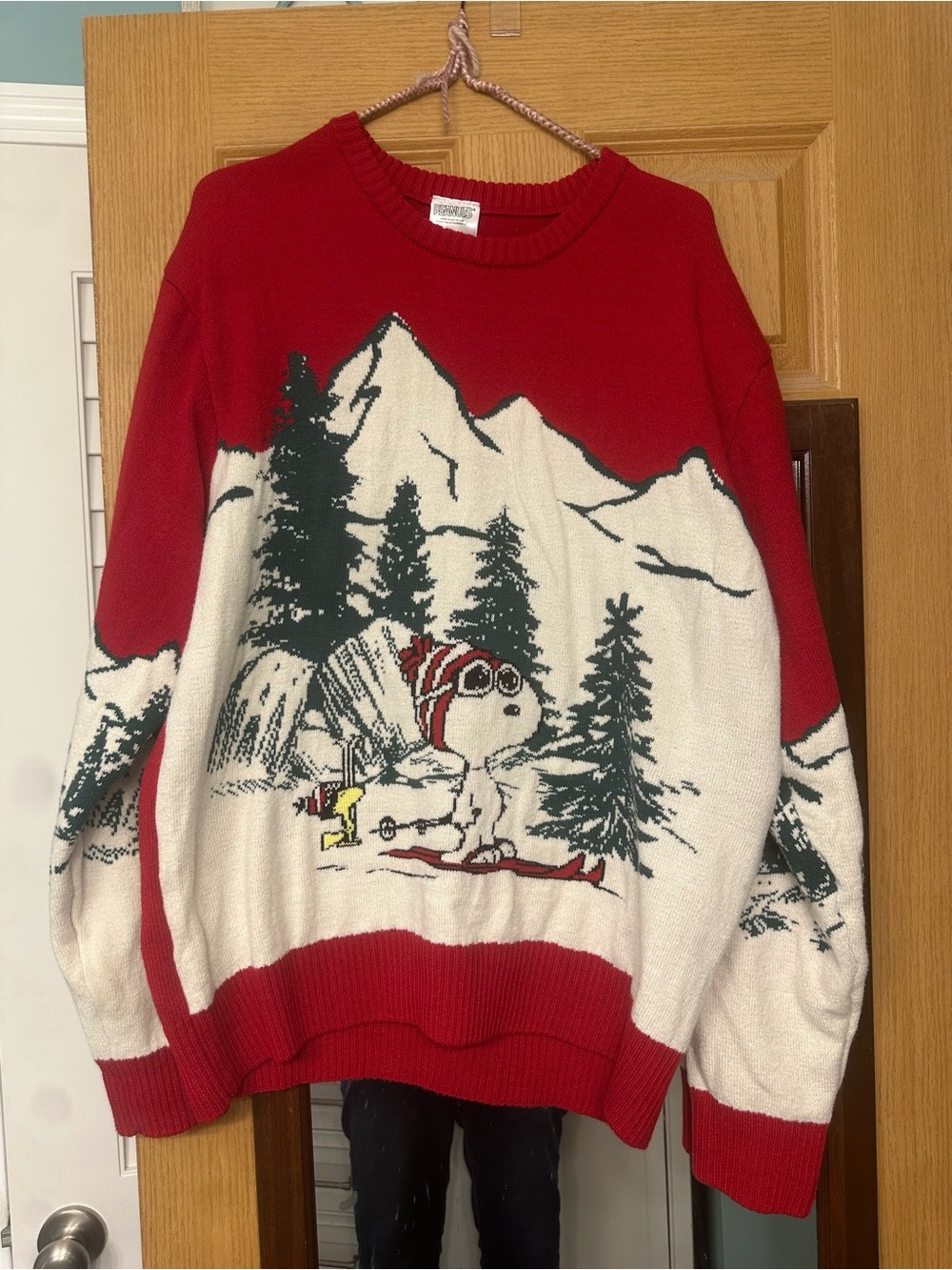 Peanuts Red, White & Green Snoopy Ski Crewneck Sweater